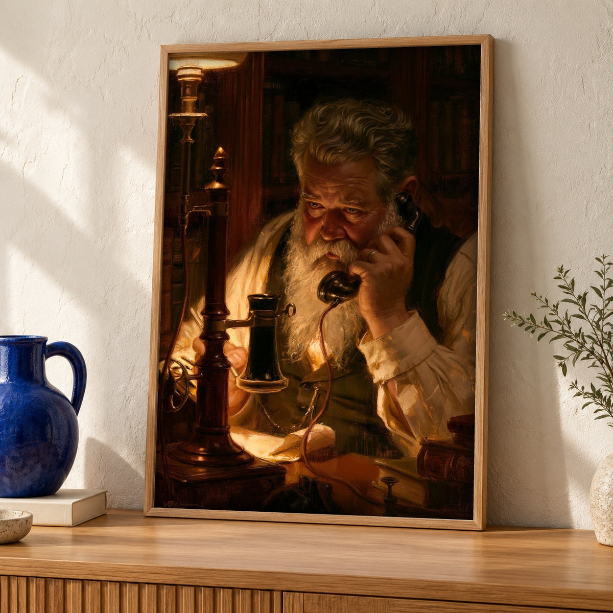 Historic Wall Art, Victorian Inventor Telephone Portrait, Study Decor — oak frame room mockup