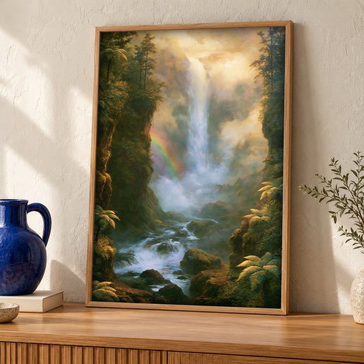 Enchanted Forest Art, Rainbow Waterfall Landscape, Woodland Decor