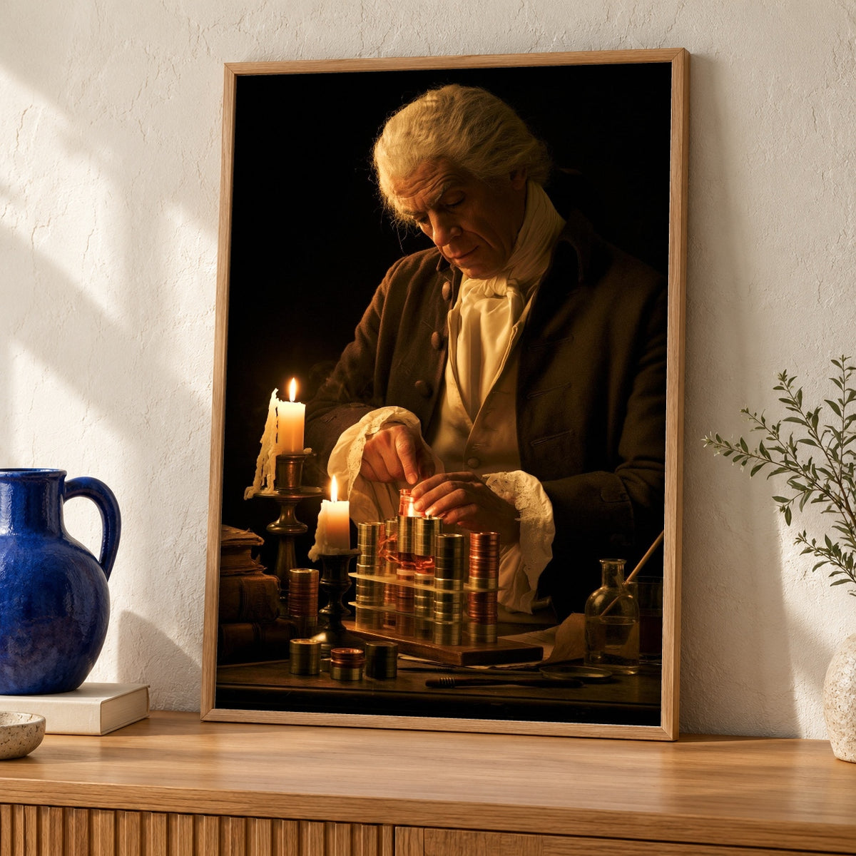 Voltaic Pile Art, Alessandro Volta Print, Enlightenment Science — oak frame room mockup
