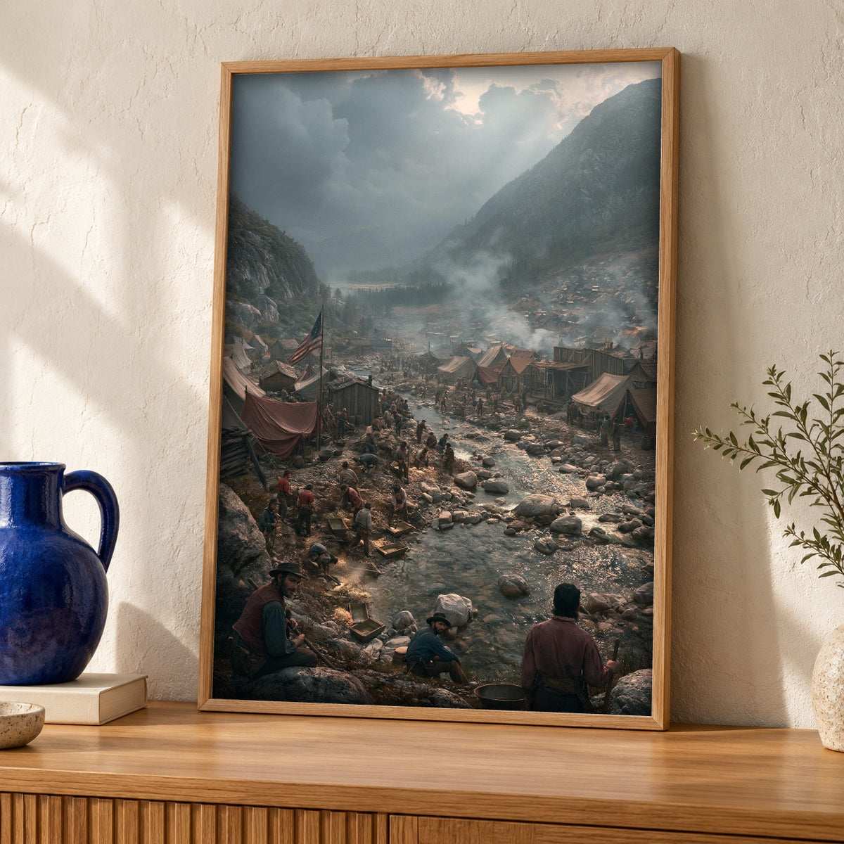 Gold Rush Wall Art, California 1849 Mining Camp Print — oak frame room mockup