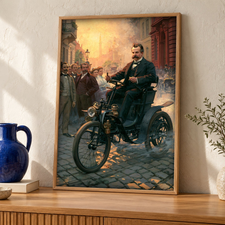 Early Motoring Art, Victorian Pioneer Print, Historic Street Scene