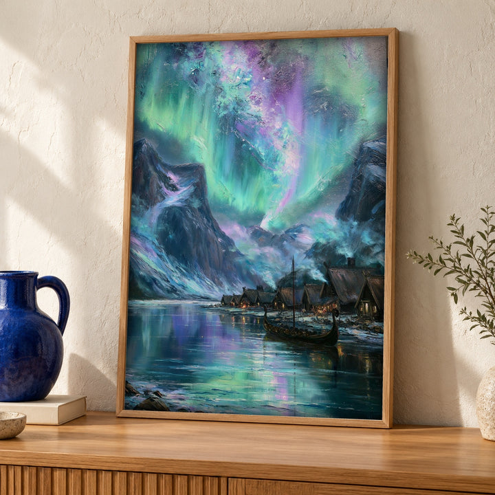 Viking Longship Art, Norse Fjord Aurora Print