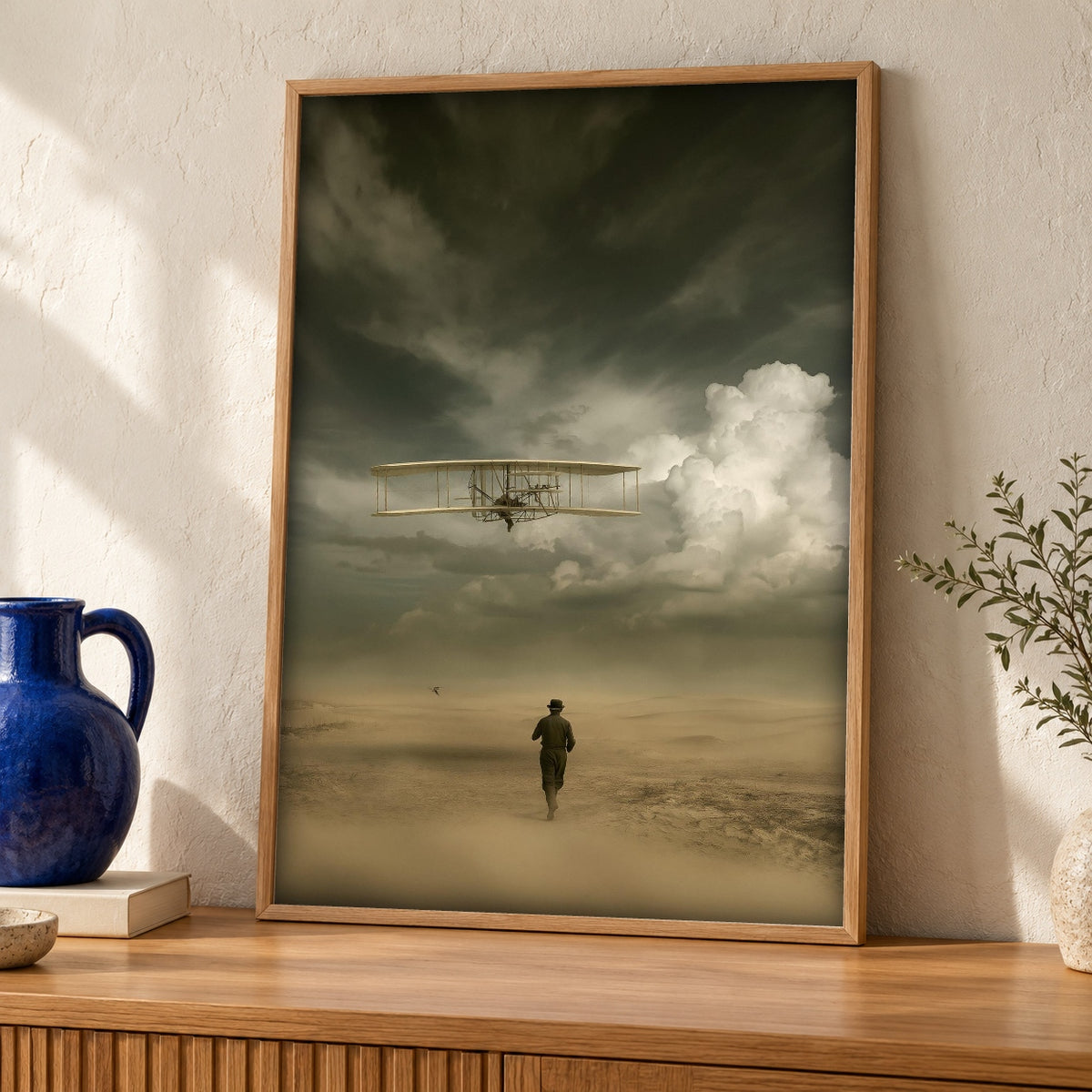 Aviation Wall Art, Wright Flyer First Flight Print — oak frame room mockup