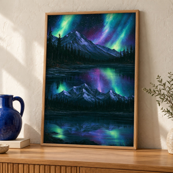 Enchanted Forest Art, Aurora Night Sky Mountain Lake