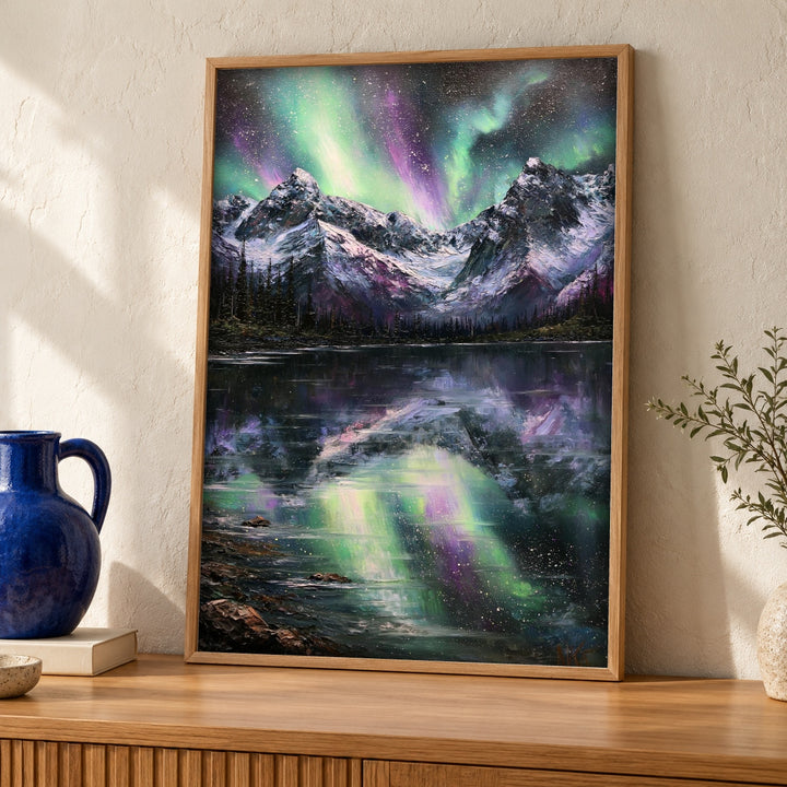 Northern Lights Art, Aurora Borealis Mountain Print