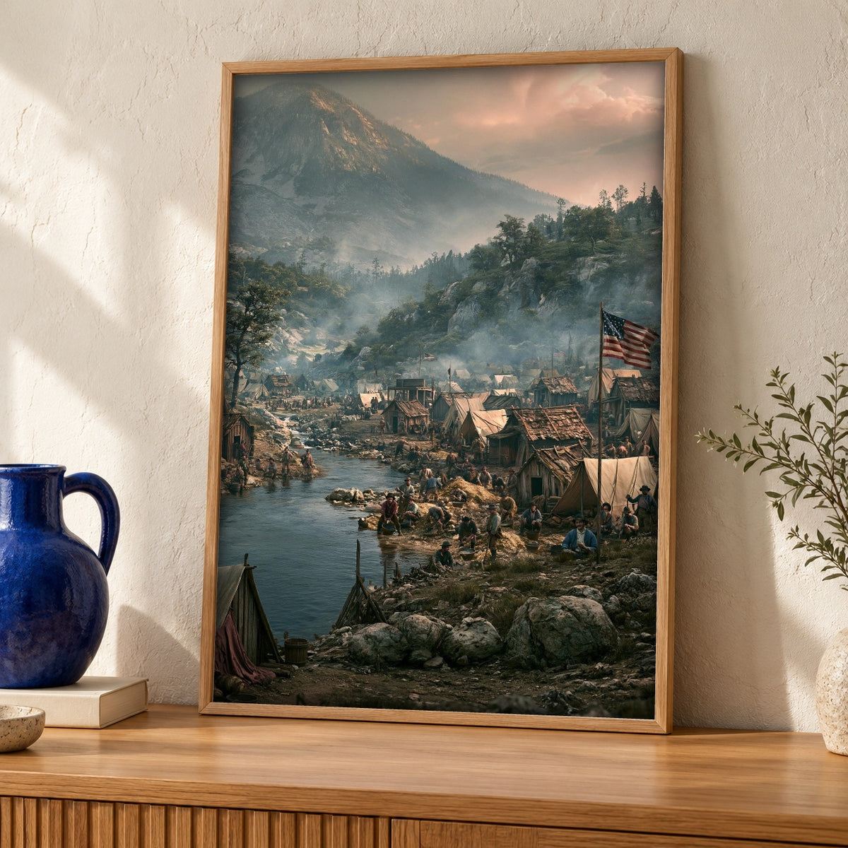 Gold Rush Wall Art, California 1849 Mining Camp Print — oak frame room mockup