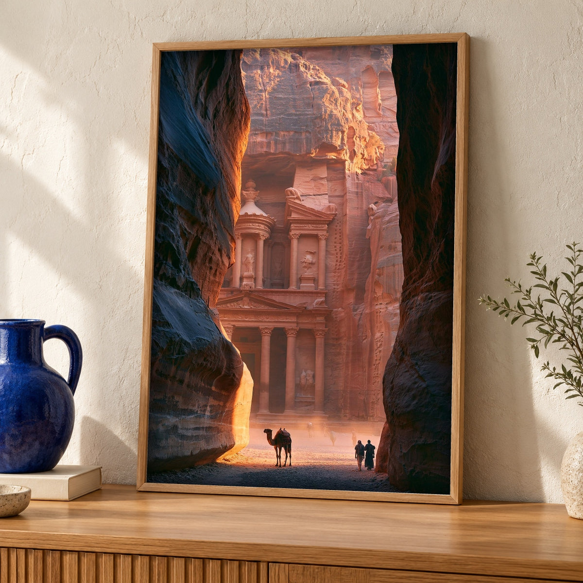 Petra Treasury Art, Nabataean Kingdom Print, Ancient Jordan Poster — oak frame room mockup