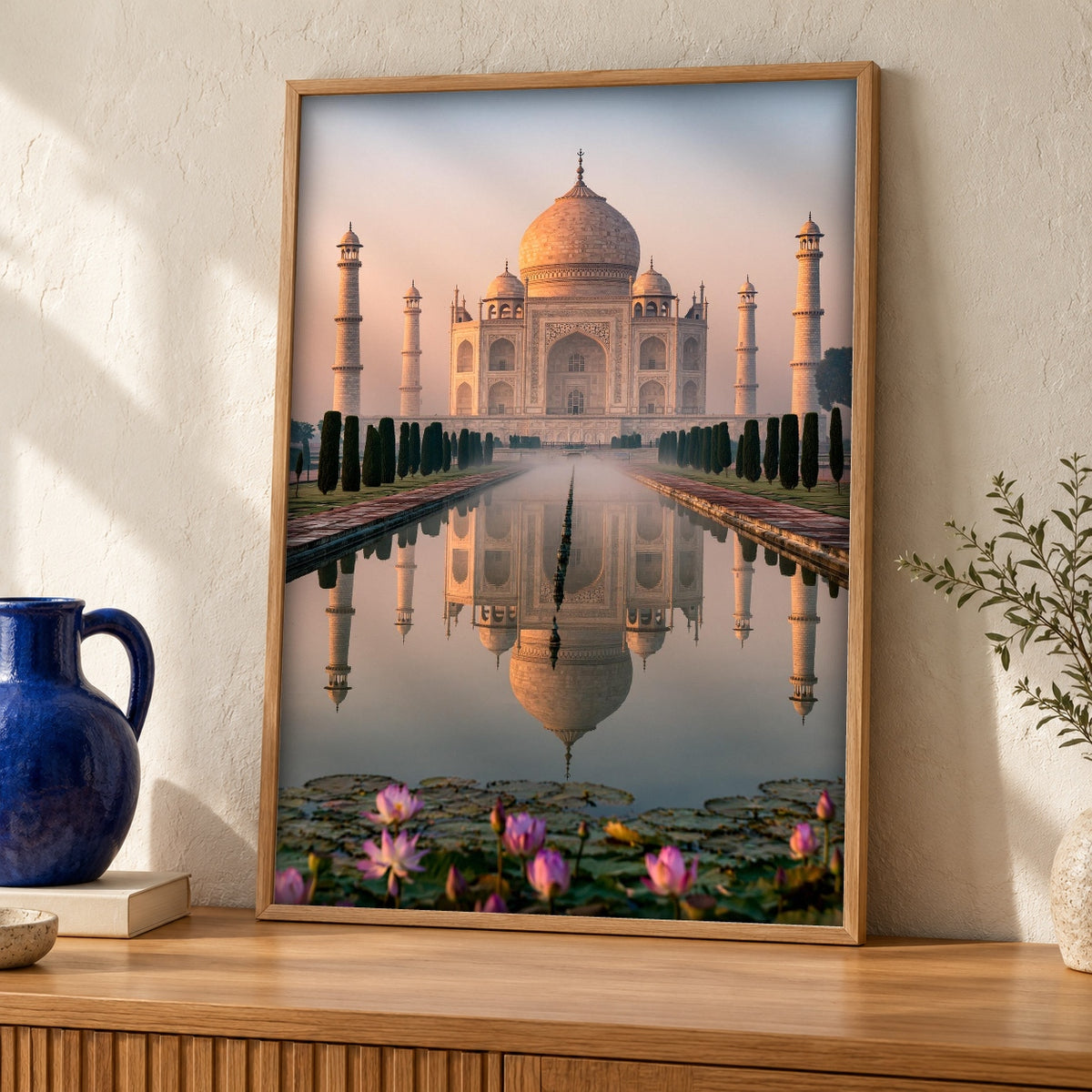 Taj Mahal Wall Art, Mughal Empire Print, Shah Jahan — oak frame room mockup