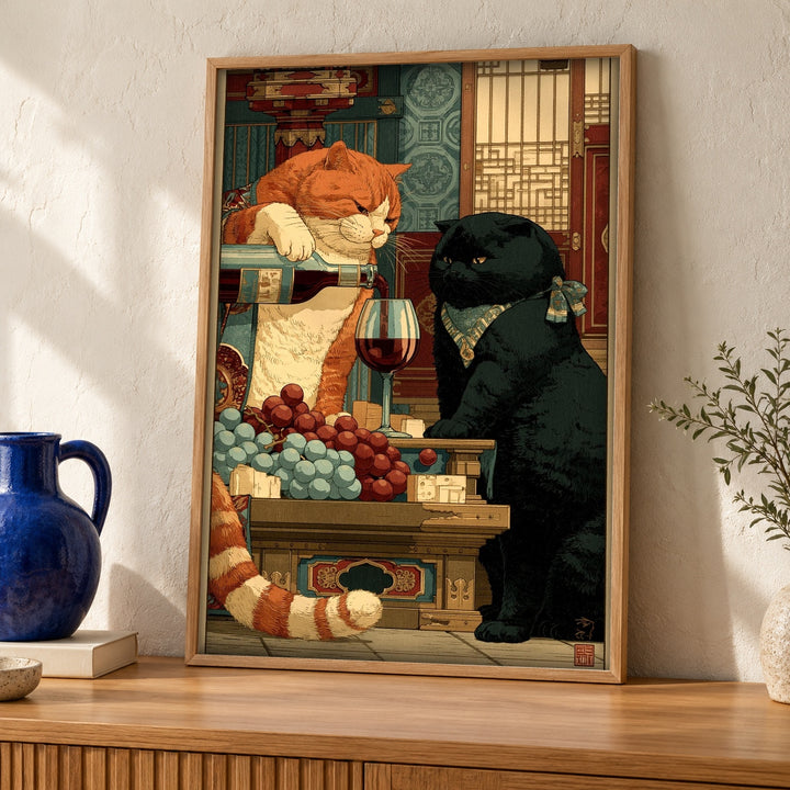 Black Cat Wall Art, Oriental Banquet Scene, Funny Poster