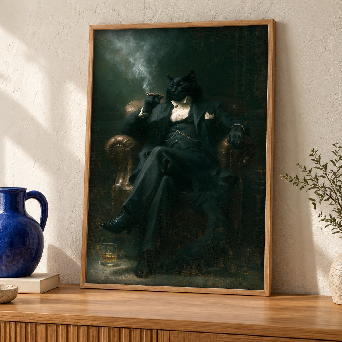 Dapper Cat Wall Art, Victorian Gentleman Portrait Print — oak frame room mockup