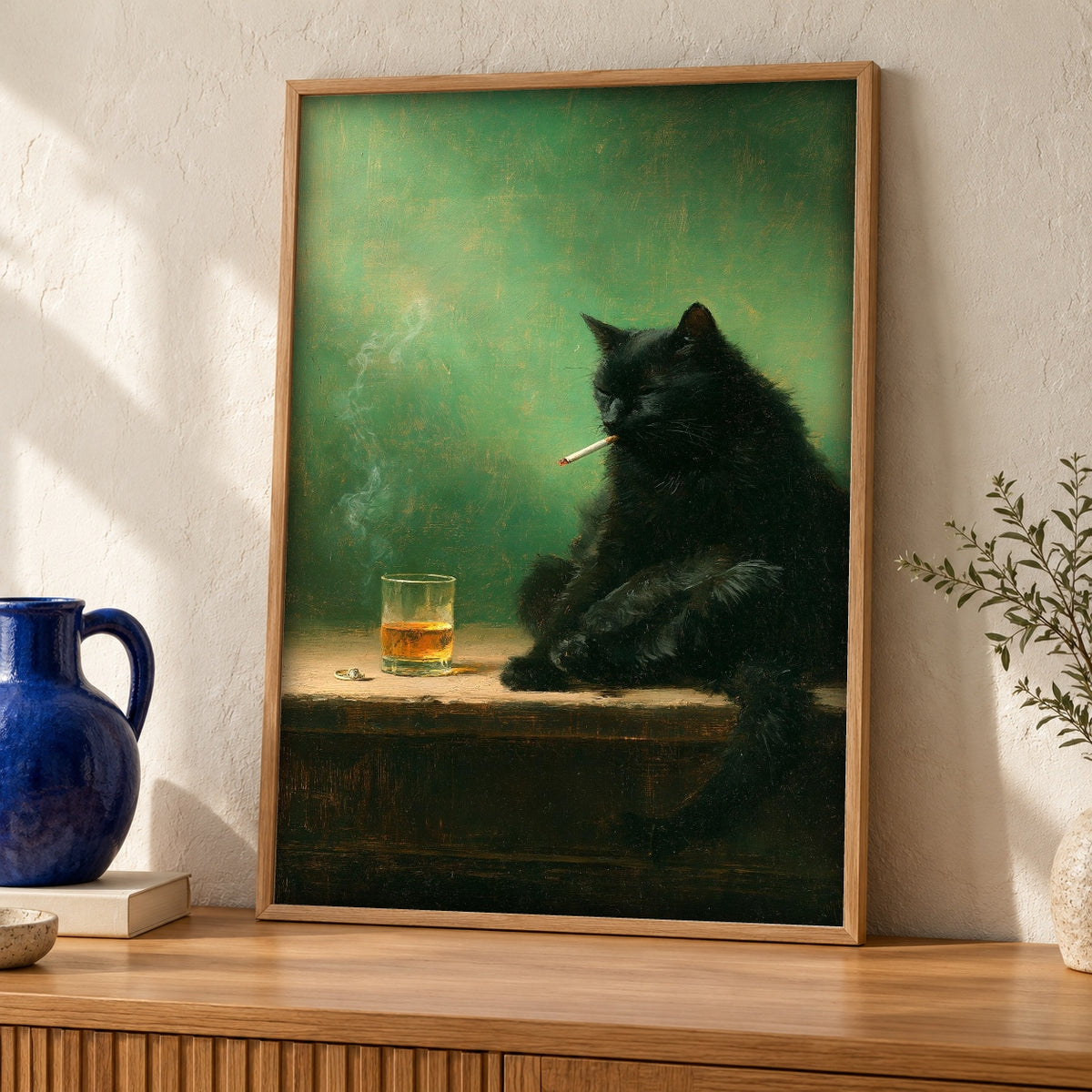 Black Cat Wall Art, Vintage Moody Feline Portrait Print — oak frame room mockup