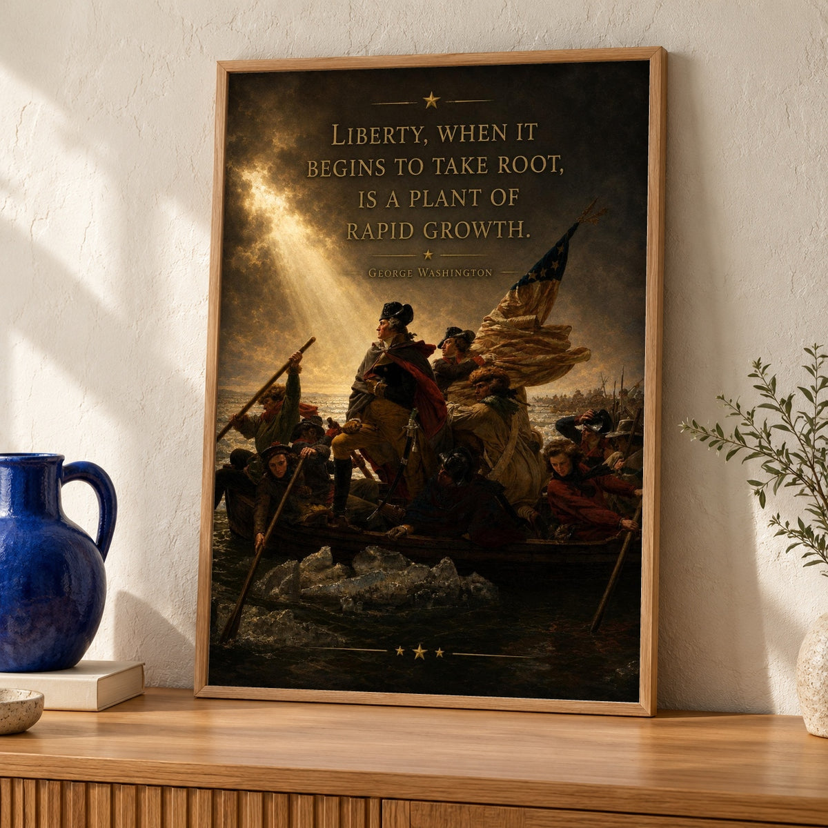 George Washington Crossing Delaware, Founding Fathers Art, Revolutionary War Print — oak frame room mockup