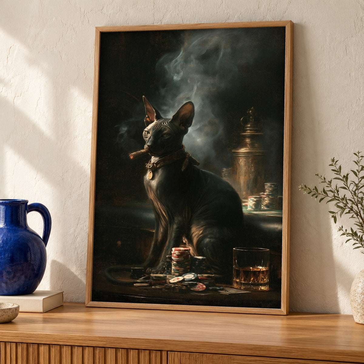 Gothic Cat Wall Art, Sphynx Noir Poker Print — oak frame room mockup