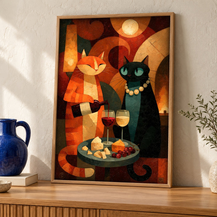 black cat wall art, Enchanted Feline Wine Night
