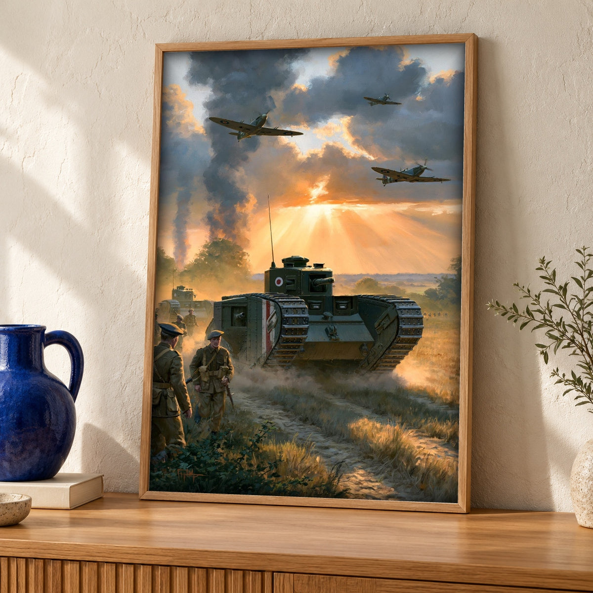 WWII Poster, Churchill Tank Spitfire Print, Man Cave Decor — oak frame room mockup