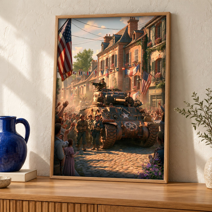 WWII Liberation Art, American Tank Victory Parade, Patriotic Wall Print