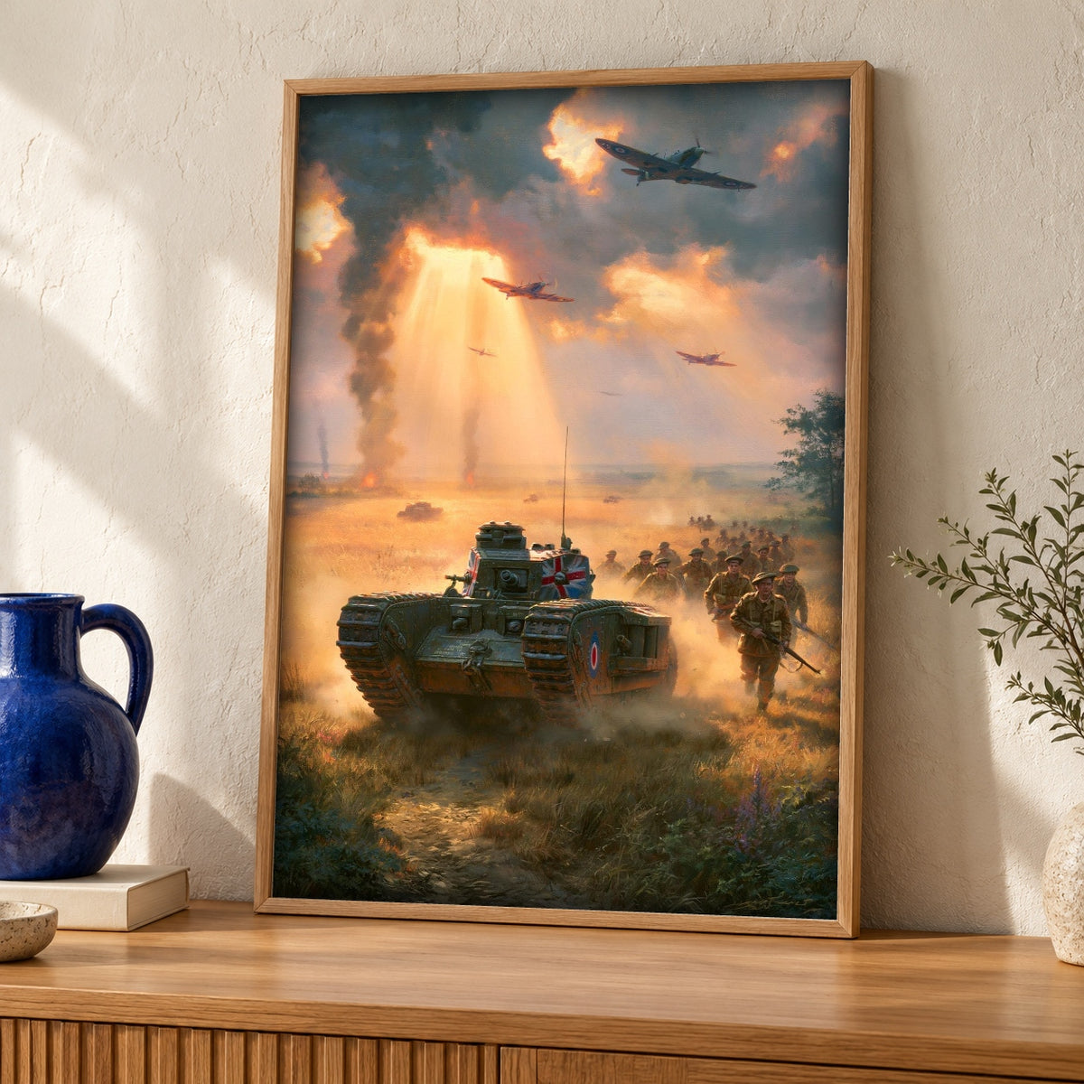 WWII Poster, British Tank Spitfire Battle, Man Cave Decor — oak frame room mockup