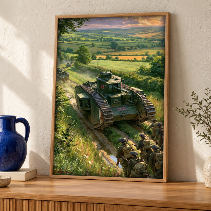 WWII Poster, British Tank Infantry Advance, World War 2 Art