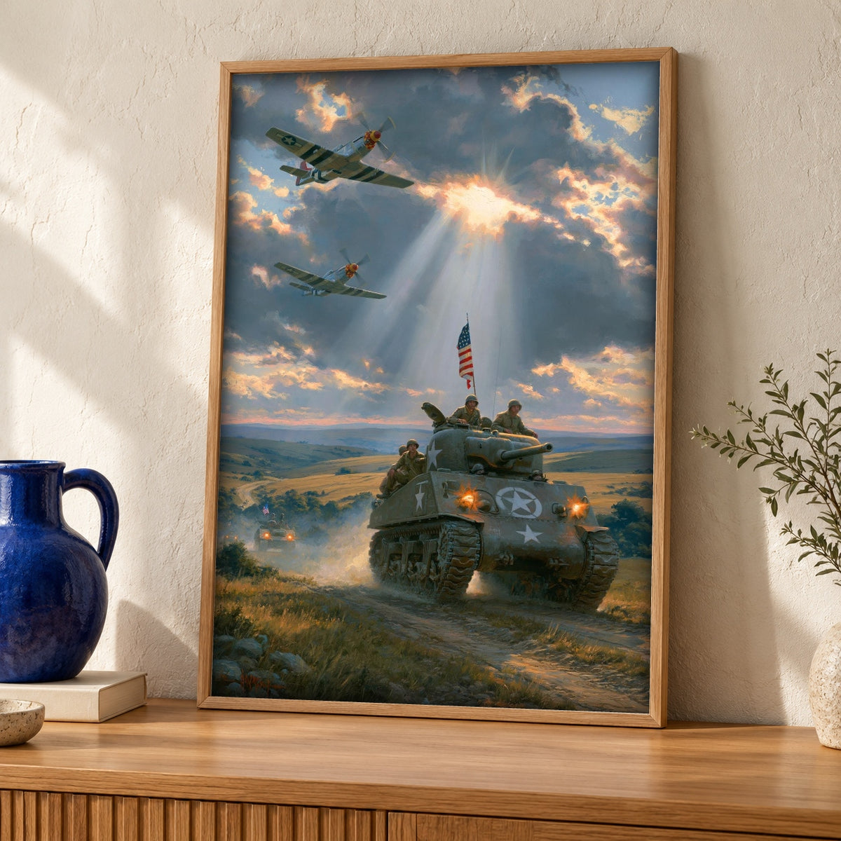 WWII Poster, Sherman Tank American Flag, Man Cave Decor — oak frame room mockup