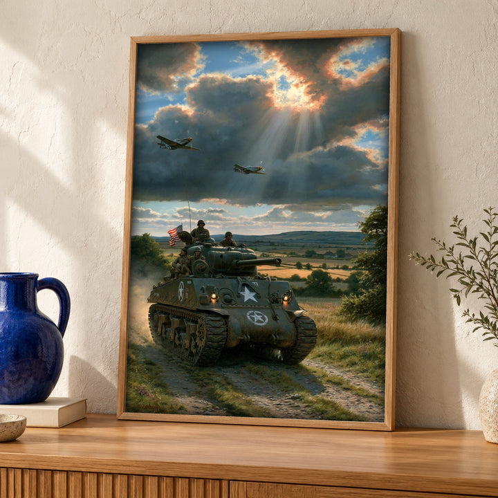 WWII Poster, Sherman Tank Print, American Army Wall Art