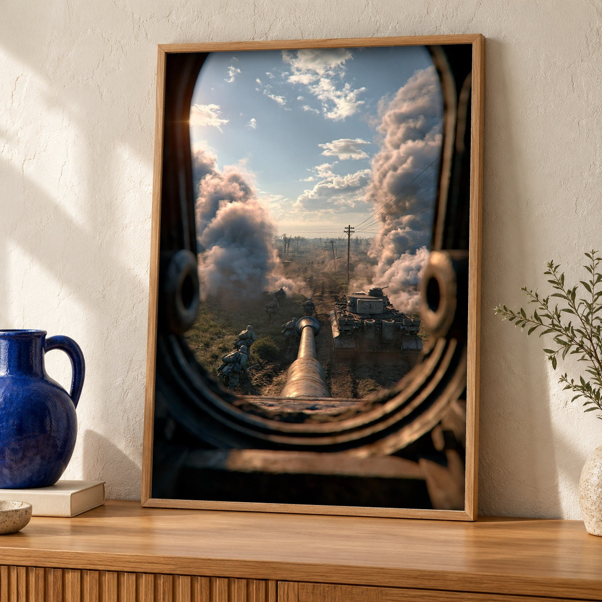 WWII Poster, Tank Battle Wall Art, Armored Infantry Print — oak frame room mockup
