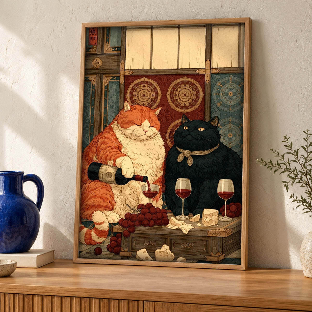 Japanese Cat Art, Ukiyo-e Wine Print, Edo Style Decor — oak frame room mockup
