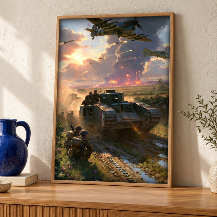 WWII Battle Art, British Tank Infantry Print, Aviation Wall Decor