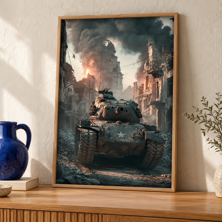 WWII Poster, Sherman Tank Urban Combat, Man Cave Decor