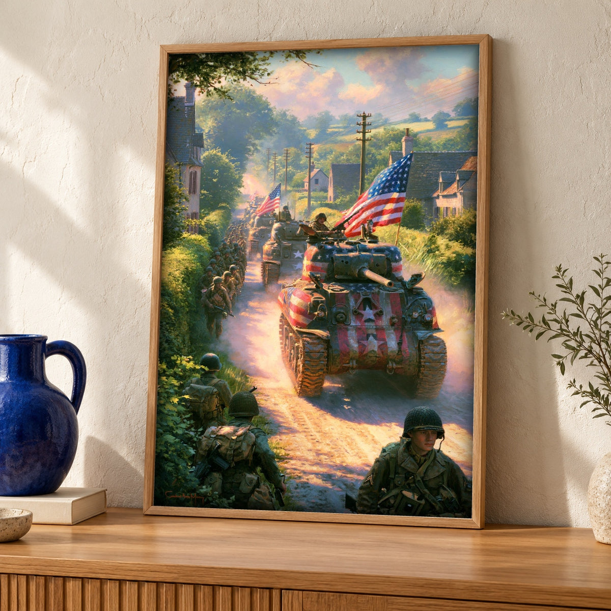 WWII Poster, Sherman Tank Normandy 1944, Patriotic Wall Art — oak frame room mockup