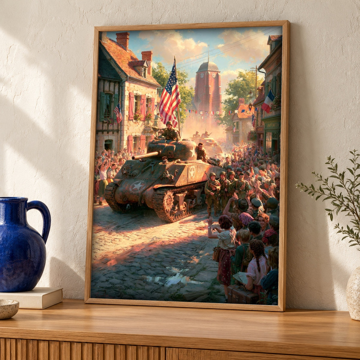 WWII Poster, Liberation of France Wall Art, Vintage War Print — oak frame room mockup