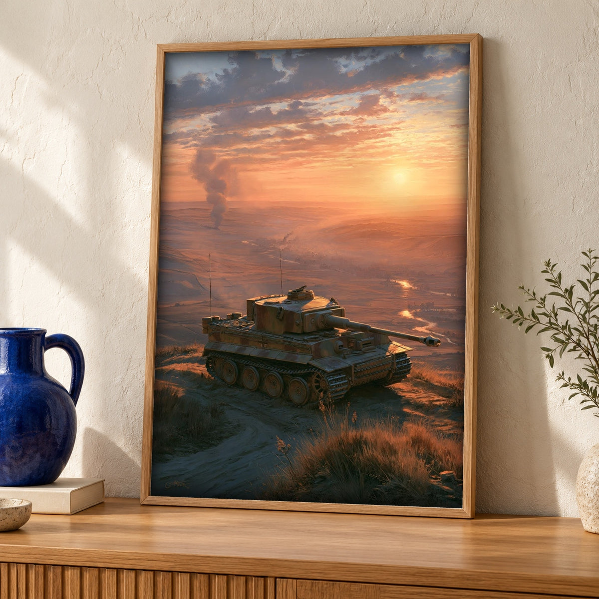 World War 2 Tiger Tank Art, Man Cave Decor — oak frame room mockup
