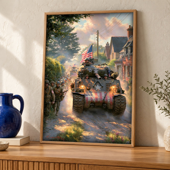 WWII Wall Art, American Sherman Tank Print, Patriotic Decor