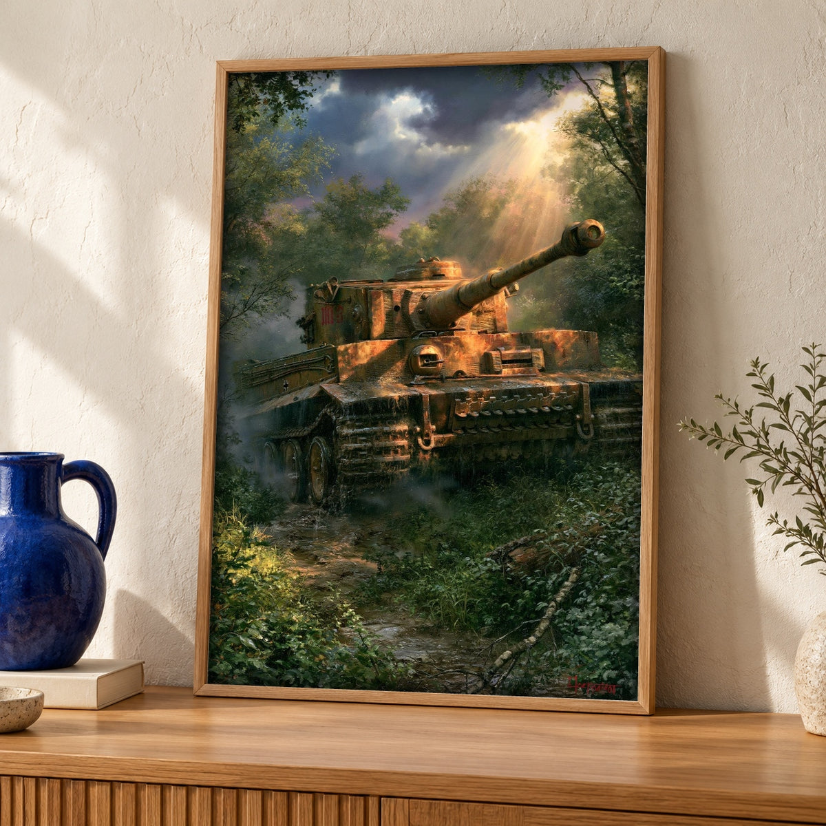 WWII Poster, Tiger I Tank Art, German Panzer Print — oak frame room mockup