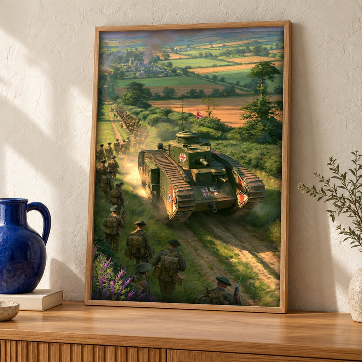 WWI Tank Print, British Infantry Advance, Man Cave Decor