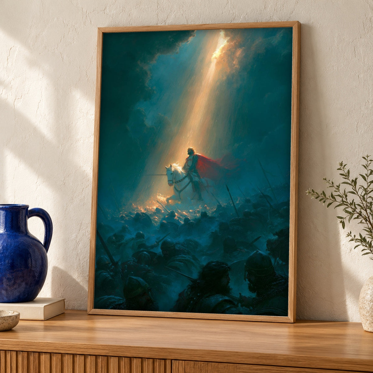 Christian Wall Art, King on White Horse Print — oak frame room mockup