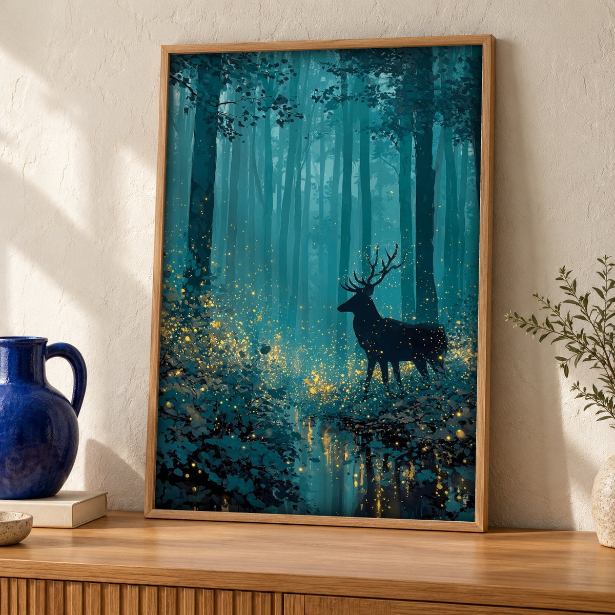 Enchanted Forest Art, Mystical Stag Deer Painting — oak frame room mockup