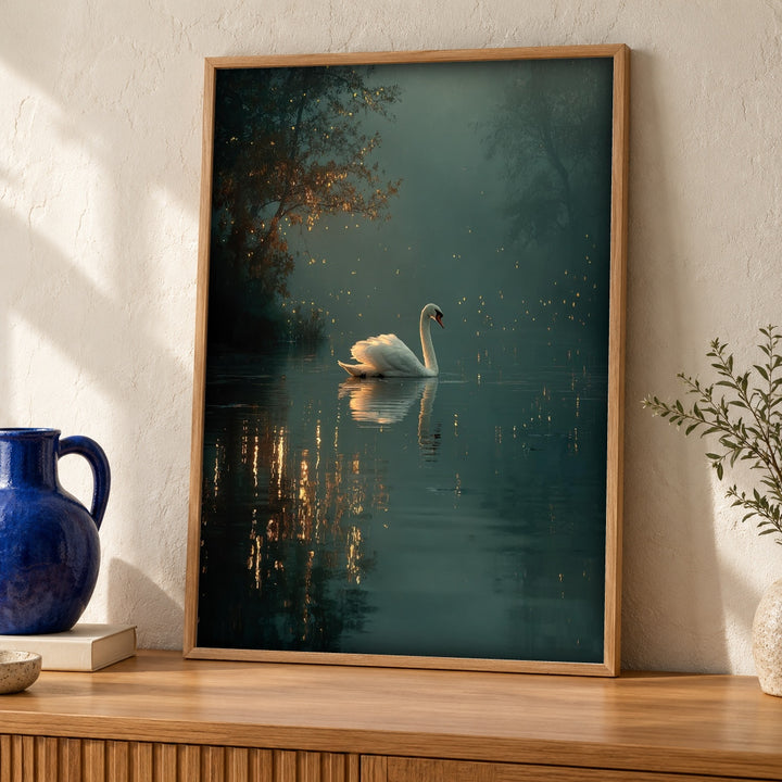 Enchanted Forest Art, Swan Lake Print, Mystical Woodland Decor