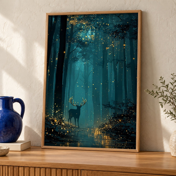 Firefly Forest Art, Enchanted Stag Print, Mystical Woodland Decor