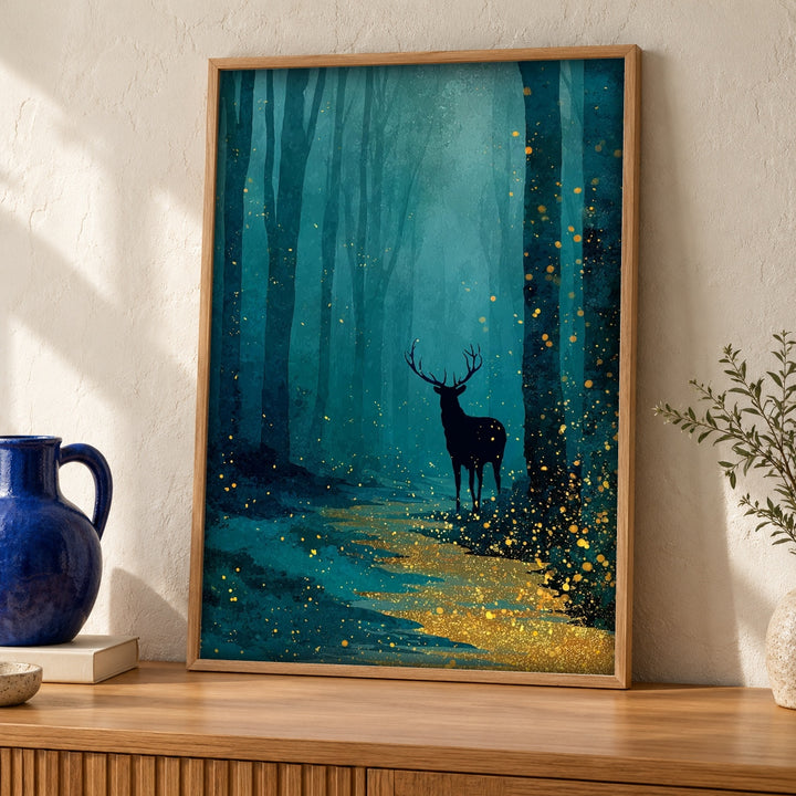 Firefly Forest Art, Enchanted Stag Print, Woodland Wall Decor