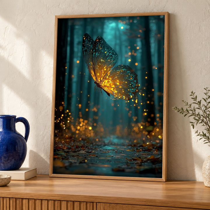 Enchanted Forest Art, Glowing Butterfly Print, Firefly Woodland Decor