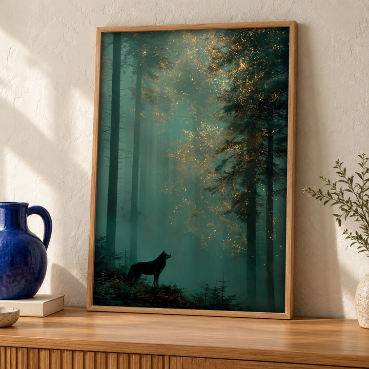 Magical Forest Art, Lone Wolf Silhouette Print, Firefly Woodland