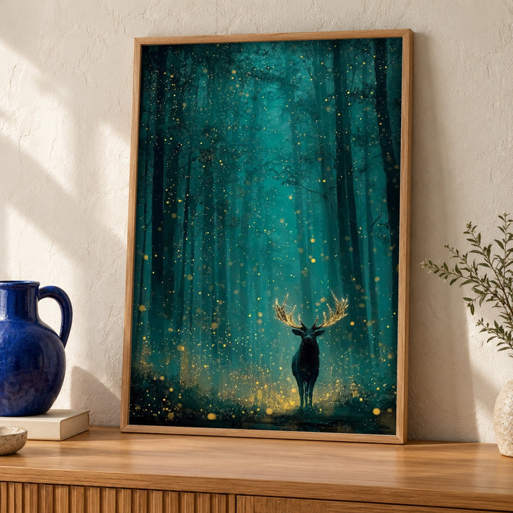 Firefly Forest Art, Enchanted Stag Print, Mystical Woodland Decor