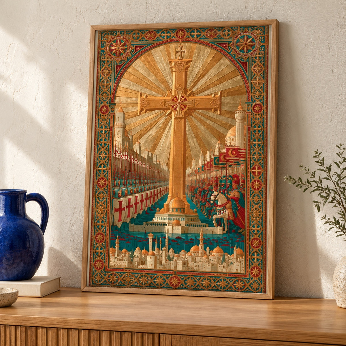 Crusader Wall Art, Holy Land Cross Print, Medieval Knights — oak frame room mockup