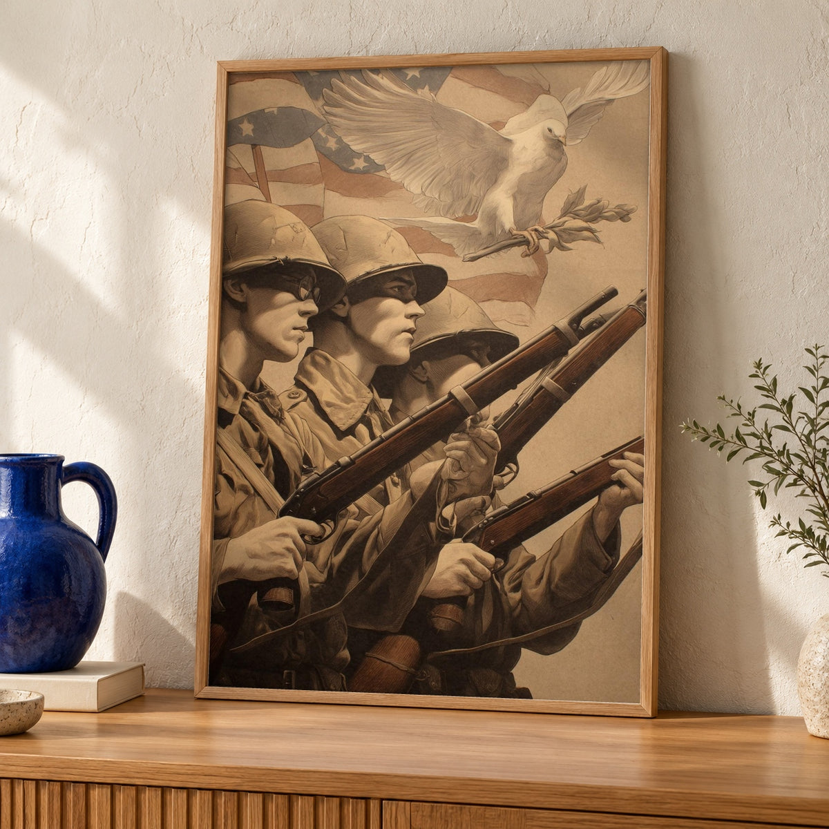 WW2 Poster, American Soldiers Print, Vintage Military Wall Art — oak frame room mockup