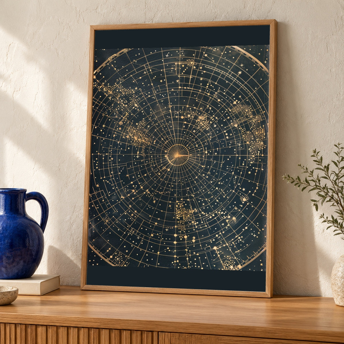 Antique Star Chart, Celestial Constellation Map Print — oak frame room mockup