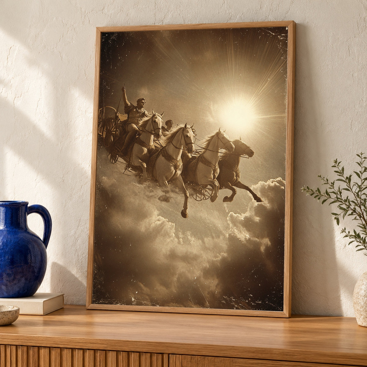 Greek Mythology Art, Apollo Sun Chariot, Vintage Celestial Poster — oak frame room mockup