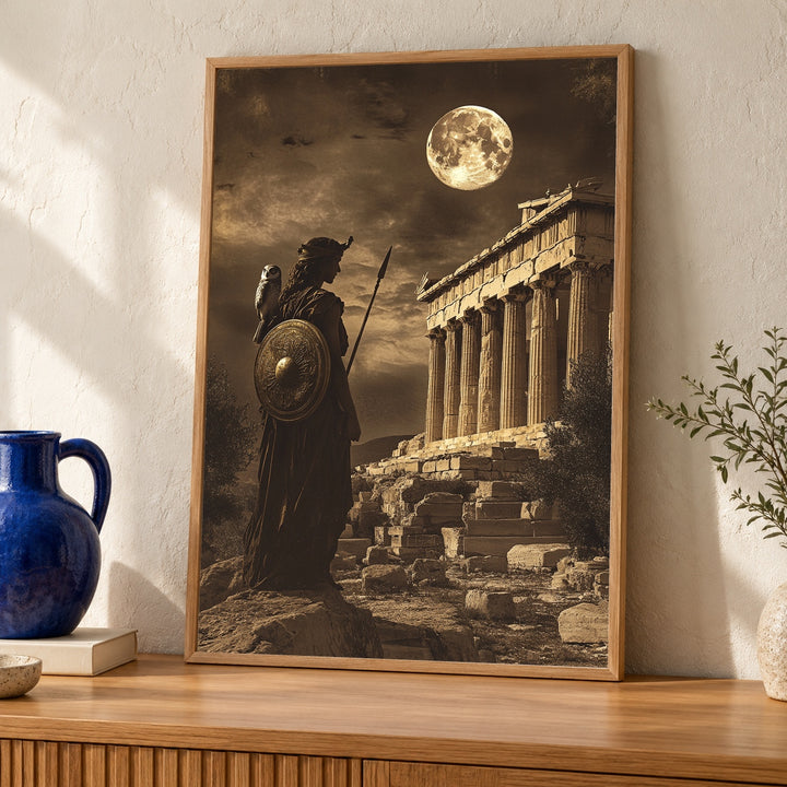 Athena Greek Goddess of Wisdom Art Print, Parthenon Temple at Night with Full Moon, Ancient Greek Mythology Poster, Sepia Wall Decor