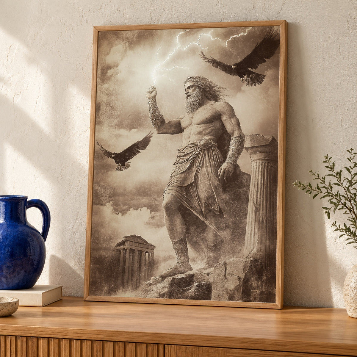 Greek God Zeus Wall Art, King of Gods Mount Olympus Poster, Ancient Mythology Sepia Print, Lightning Bolt Decor, Greek History Gift — oak frame room mockup