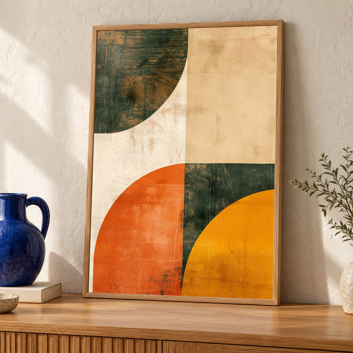 Mid Century Modern Abstract Wall Art, Retro 70s Color Block Gloss Print, Burnt Orange & Mustard Yellow Geometric Poster Decor