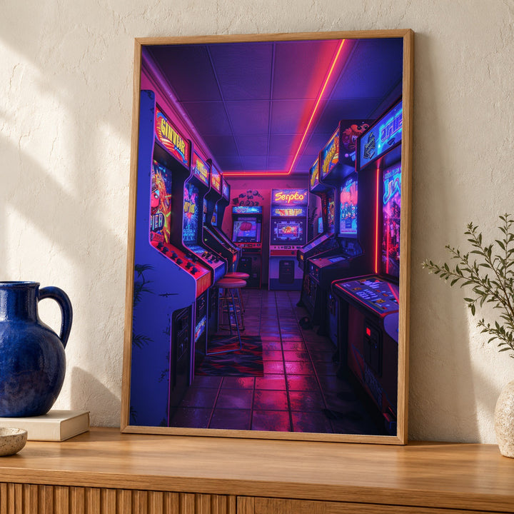 Retro Gaming Wall Art, 80s Neon Arcade Print, Vintage Machines